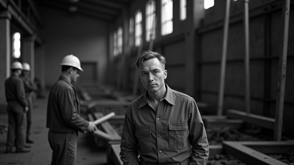 Schwarz-Weiß-Fotografie einer deutschen Fabrik mit Arbeitern beim Wiederaufbau in den 1950er Jahren, Baugerüste und Maschinen sichtbar