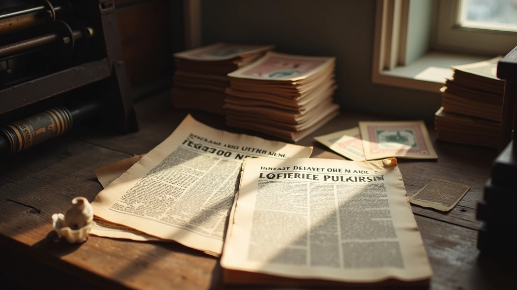 Historische Zeitungsausschnitte mit Schlagzeilen über Geldentwertung, alte Druckmaschinen und Geldscheine auf einem Schreibtisch