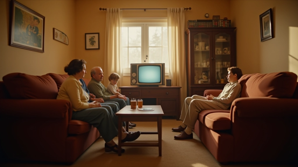 Historische Fotografie einer Arbeiterfamilie aus den 1950ern in ihrem Wohnzimmer mit Möbeln und frühem Fernsehgerät, zeigt Wohlstandszuwachs