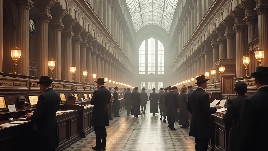 Historische Aufnahme der Frankfurter Börse im frühen 20. Jahrhundert mit Händlern und klassischer Architektur