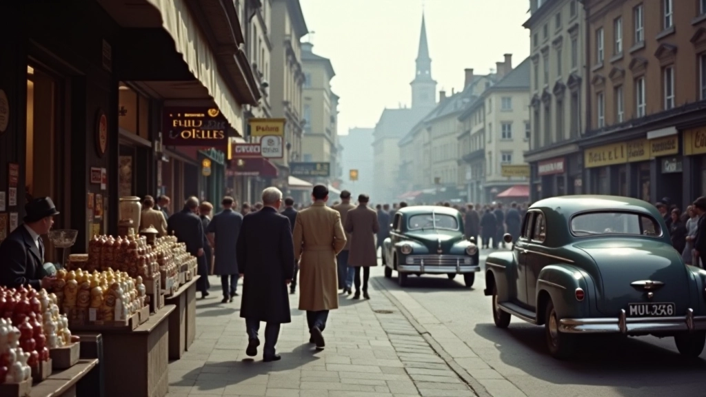 Historische Straßenszene aus einer deutschen Stadt der 1950er Jahre mit Menschen beim Einkaufen, Schaufenstern und klassischen Autos