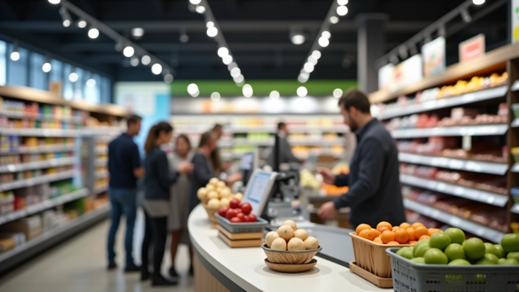Moderner Supermarkt Kassenbereich mit digitalem Preisanzeiger und Einkaufskörben